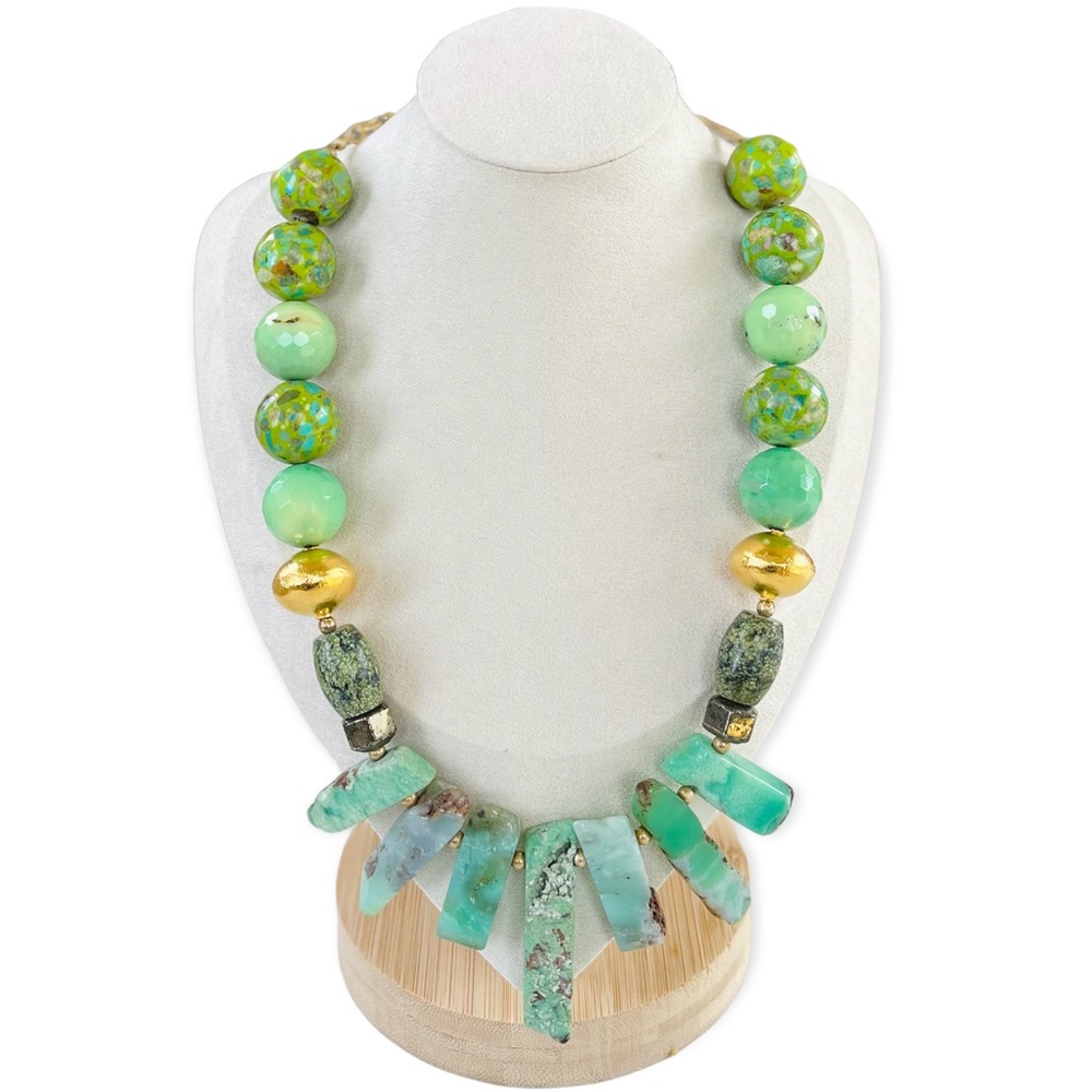 Green Agate Chrysoprase Multi-stone Gold Filled Clasp Statement Beaded Necklace